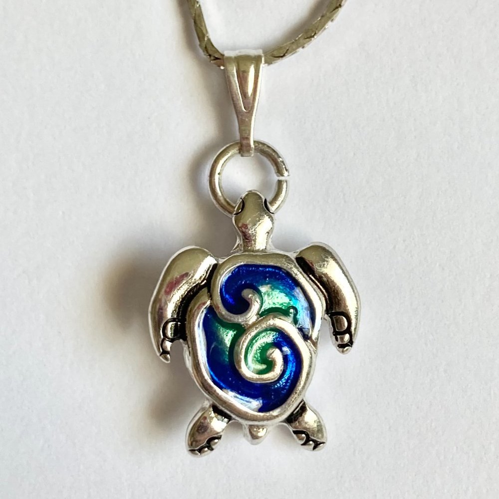 Silver Sea Life Turtle Necklace 18" Aqua Blue Enamel Nautical Island USA